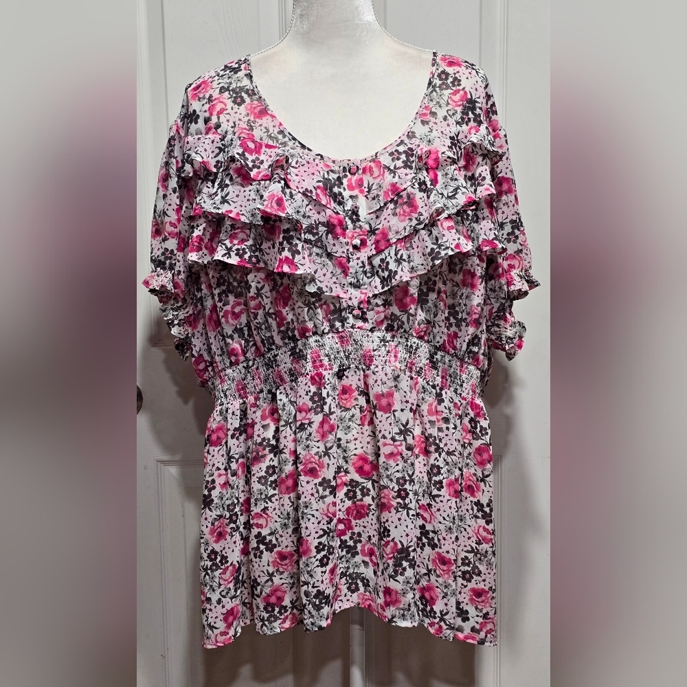 Torrid Floral Ruffle Pink & White Babydoll Blouse